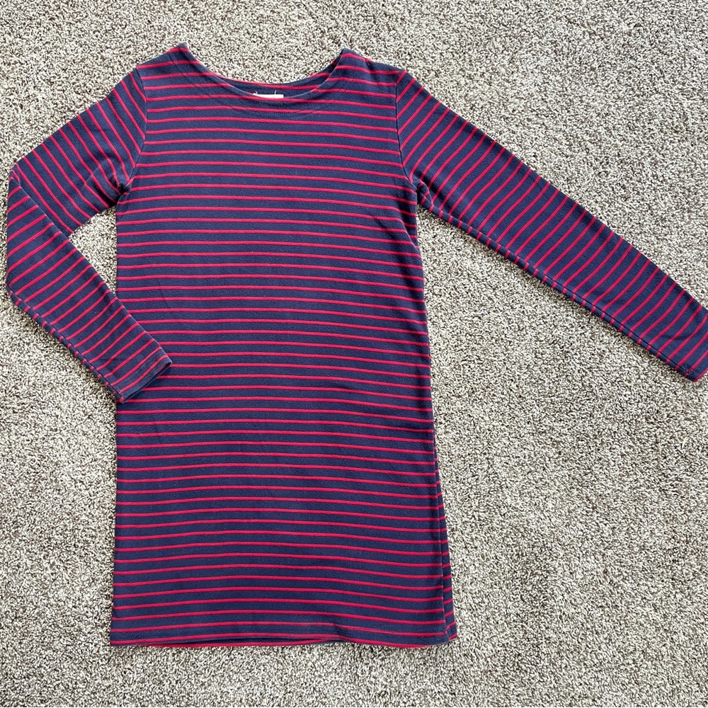 Chocolate | Stretch Cotton Long Sleeve T-Shirt Dress | Red + Navy Stripe | Small